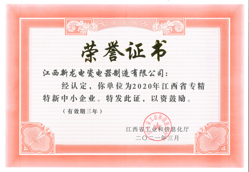 江西省专精特新中小企业证书